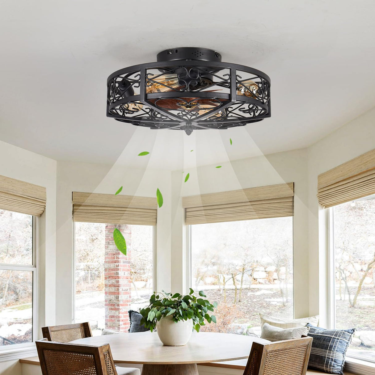 MeZeYo 20" Caged Farmhouse Flush Mount Ceiling Fan with Light and Remote Control Bladeless Low Profile Ceiling Fans with Lights Enclosed Vintage Fan 6 Speed Reversible for Kitchen, Bedroom MeZeYo