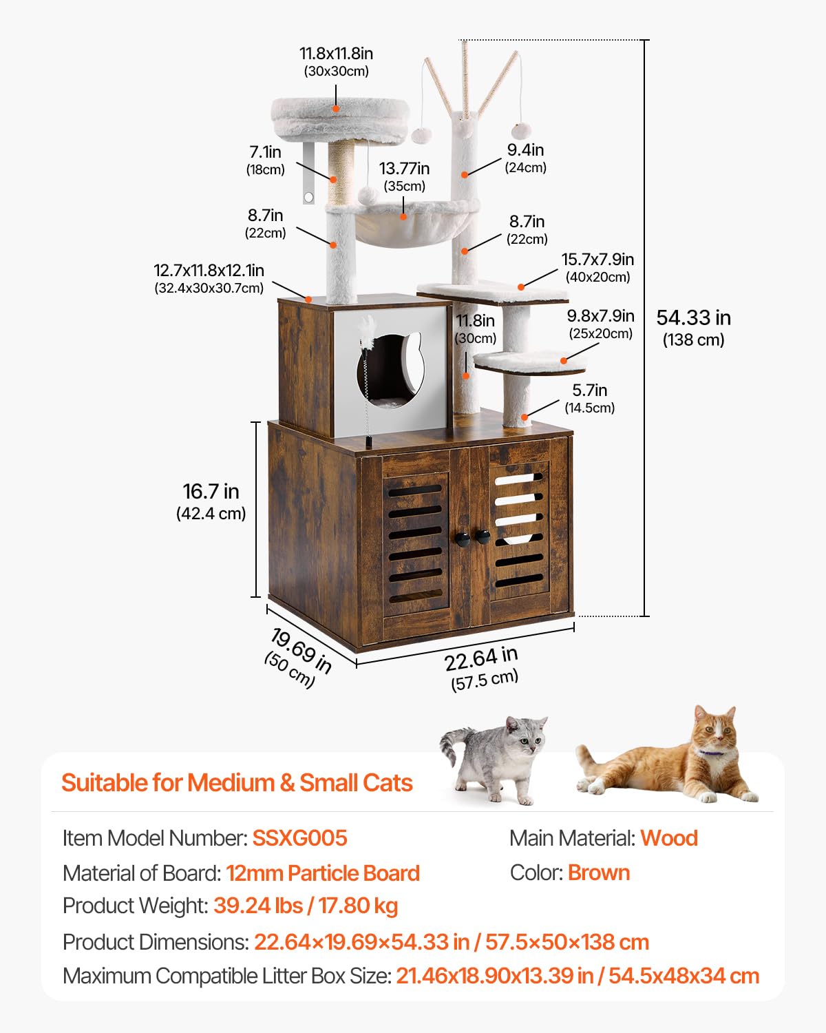 VEVOR Large Cat Tree with Litter Box Enclosure, 54.33 inches Tall, 2-in-1 Cat Tower, Multi-Level Cat Condo Furniture with Perches, Sisal Scratching Posts, Hammock, Big Kittens House for Indoor Cats VEVOR
