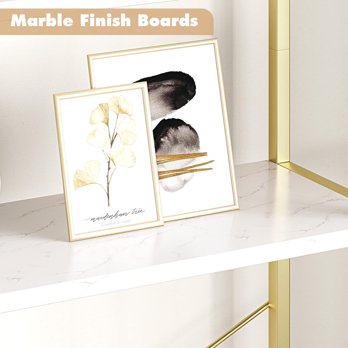 IDEALHOUSE Bookshelf 5 Tier Bookcase Arched Display Racks Tall Standing Bookshelves Metal Frame Modern Storage Rack Shelf Large Wood Book Shelf for Bedroom, Living Room, Home Office, White/Gold IDEALHOUSE