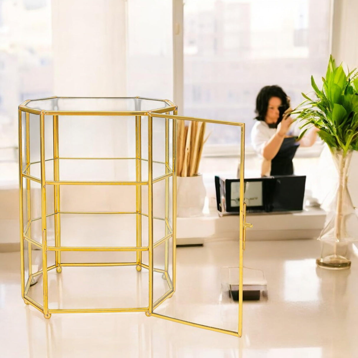 BuleVina Glass Jewelry Display Case 6.7x4x8.4 inches Small Cabinet, 3-Tier Geometric Box Keepsake Trinket for Rings, Earrings, Crystals, Makeup Organizer, Multifunction Table Decoration Storage BuleVina