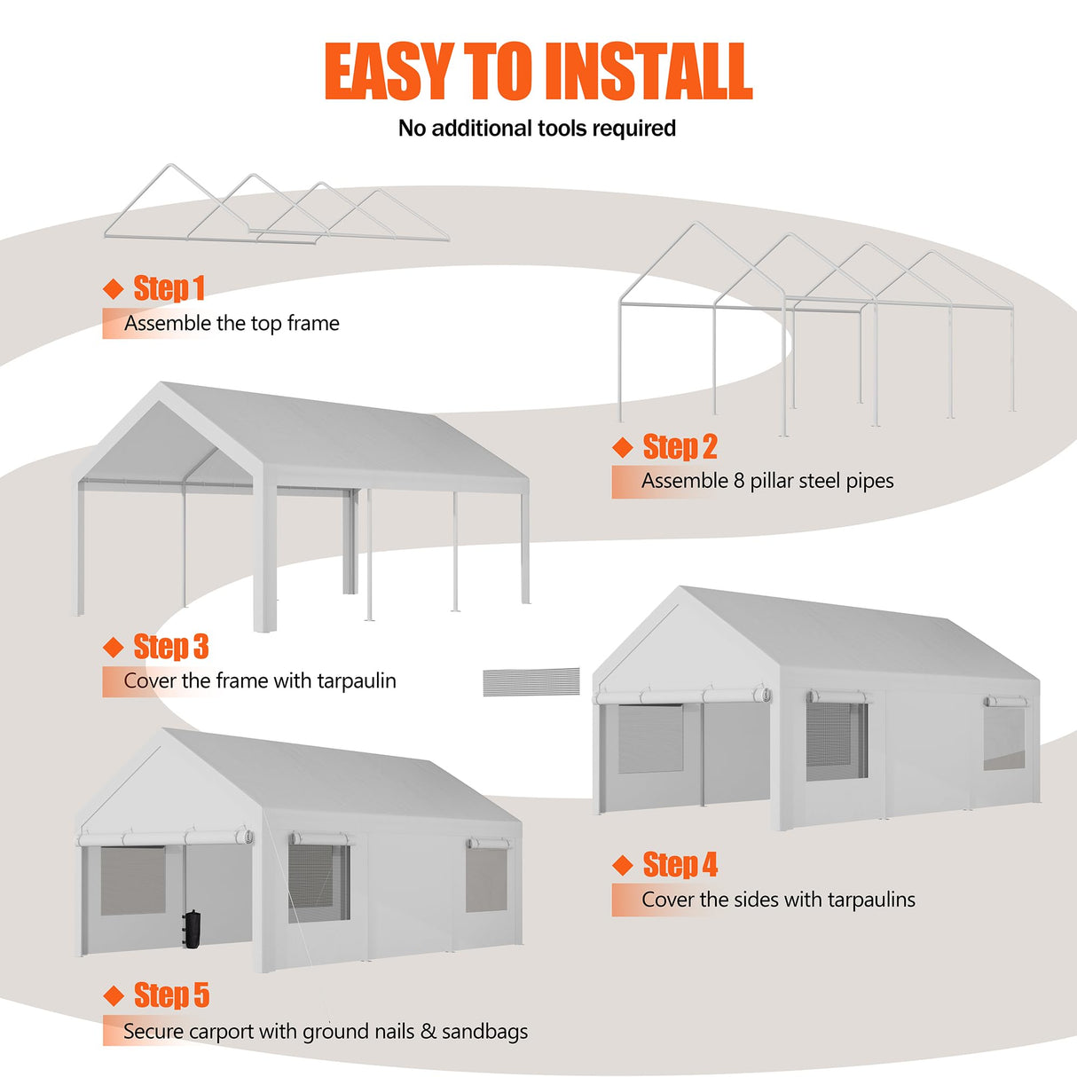 JAMFLY Carport, 12x20 ft Heavy Duty Carport with Roll-up Windows, Portable Garage with Removable Sidewalls & Doors, Car Canopy with Sandbags and All-Season Tarp for Car Boat Truck Motorcycle JAMFLY
