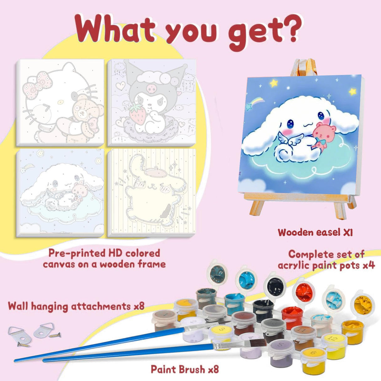 Sretoul 4 Pack Cartoon Paint by Numbers Kit for Kids with Frame - Wooden Easel, Cute Kids Paint by Numbers Ages 4 8 12, DIY Acrylic Oil Painting for Home Wall Decor (8x8 inch) Sretoul