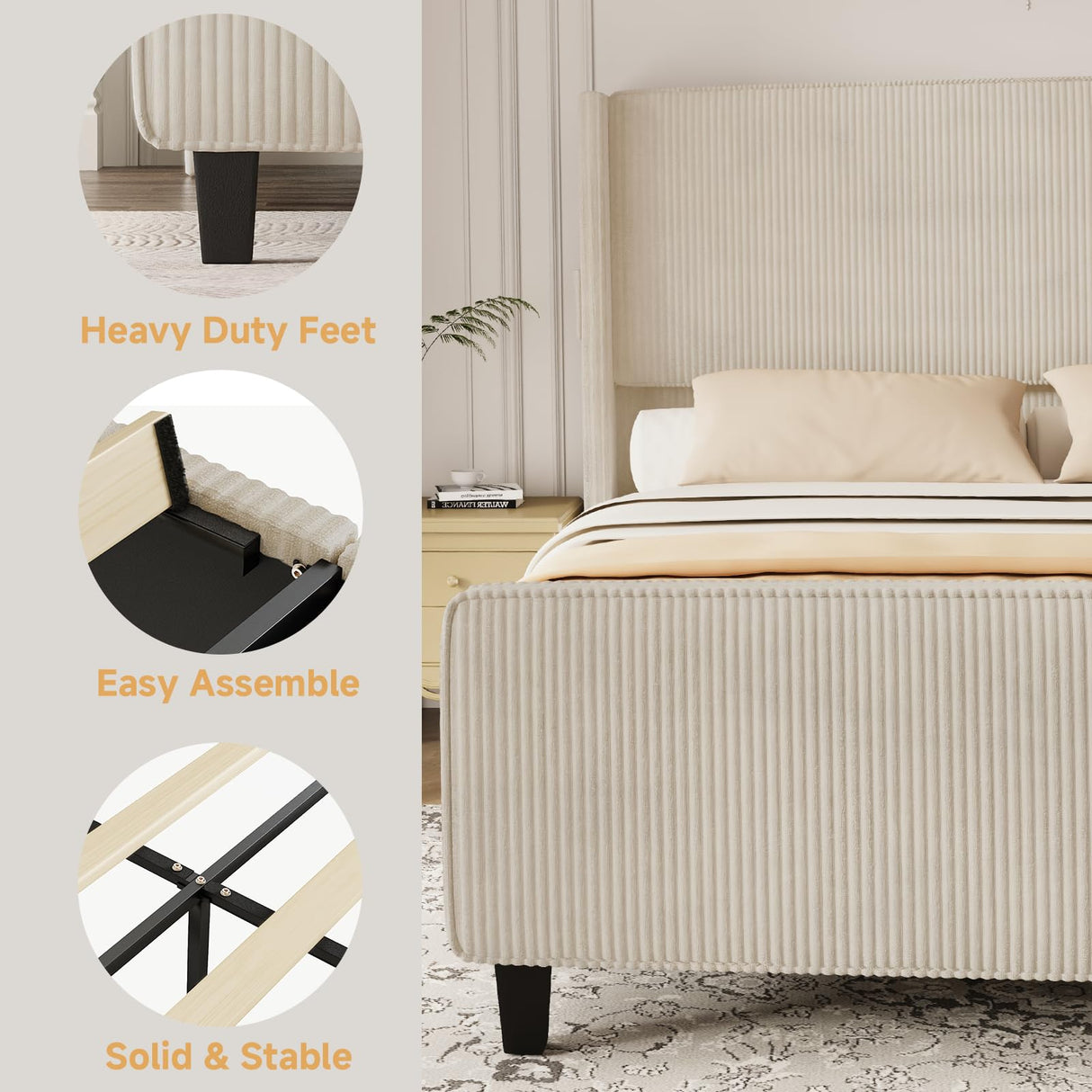 VINTLJUS King Size Bed Frame and Headboard, Upholstered King Bed Frame with Tall Wingback Headboard & Footboard, USB Ports, Easy Assembly, Beige VINTLJUS