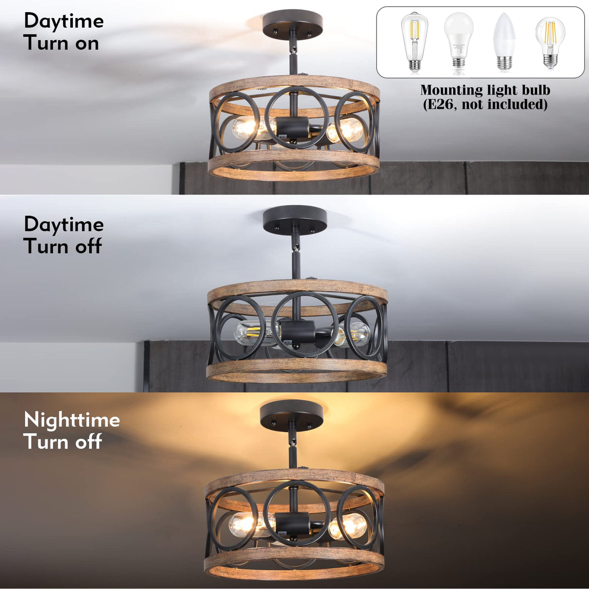 Galtlap Semi Flush Mount Ceiling Light, 3-Lights Modern Farmhouse Ceiling Lighting Fixture, Vintage Close to Ceiling Light for Kitchen Hallway Foyer Bedroom Black and Wood Grain Finish Galtlap