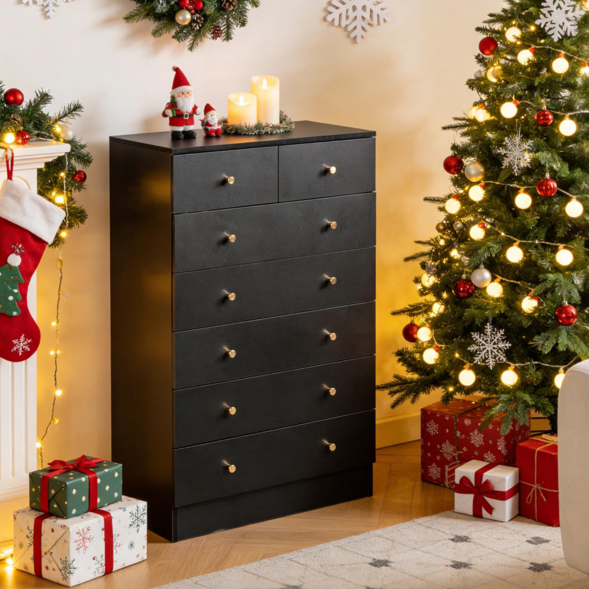 Karl home Black 7 Drawer Dresser for Bedroom, Tall Dresser Chest of Drawers, Rustic Wood Bedroom Dressers Clothes Organizer, Anti-Tipping Device, Rose Gold Metal Handle, Living Room, Entryway, Office Karl home