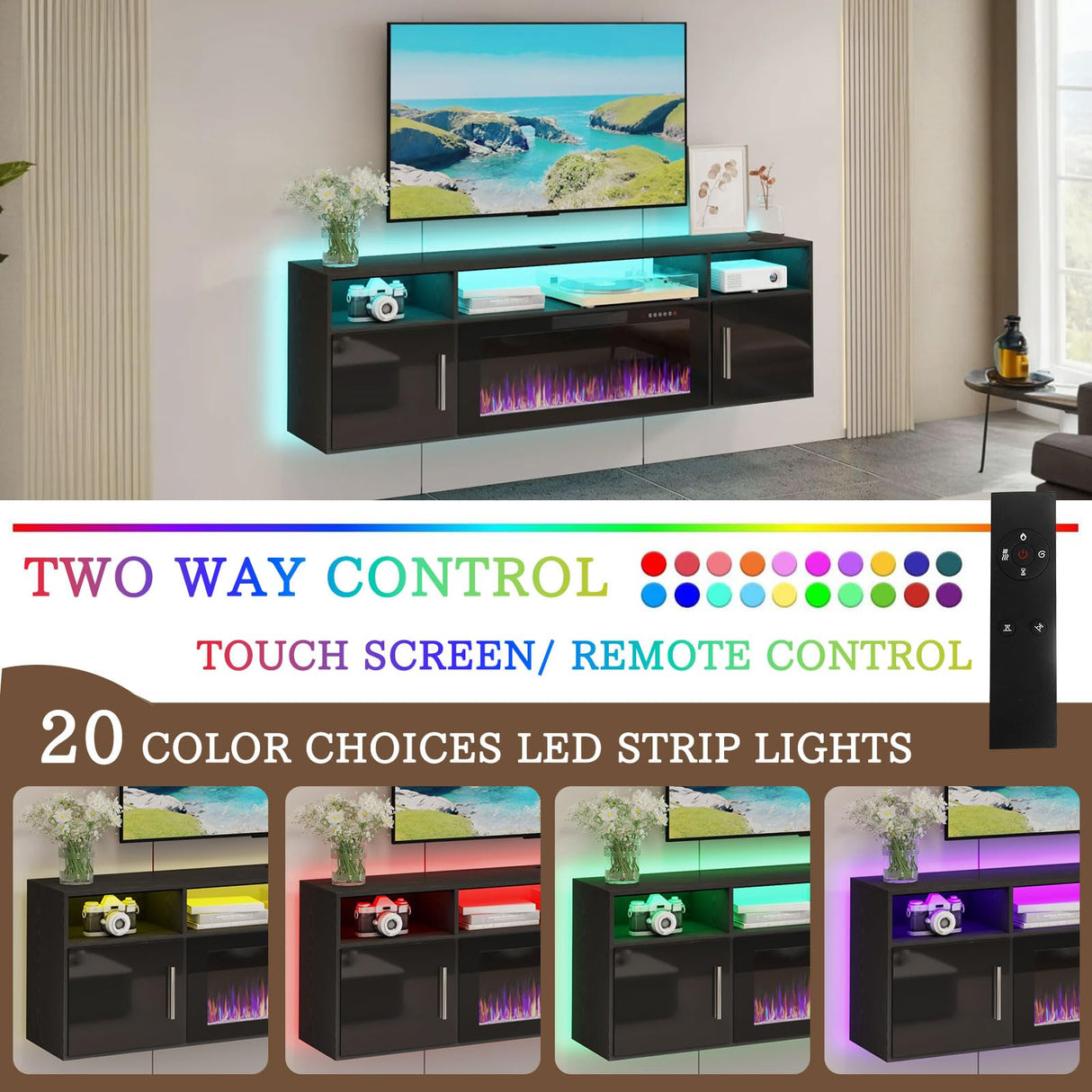 PRETZI Floating Fireplace TV Stand, 70" Wall Mounted Entertainment Center with 36" Fireplace for TVs Up to 80", LED Modern Wood TV Console with High Gloss Cabinet for Living Room (Black) PRETZI