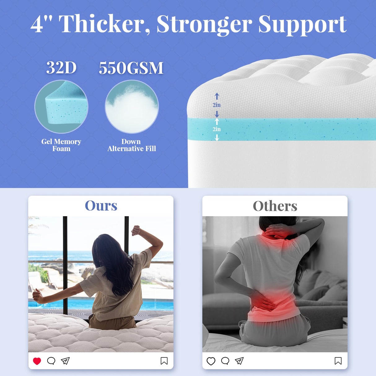 OhGeni Cooling 4 inch Dual Layer Twin Mattress Topper, 2 inch Cooling Gel Memory Foam, 2 inch Down Alternative Pillow Top Pad, Mattresses Cover for Bed, Medium Support, Fits 6”-19” Deep Pocket OhGeni