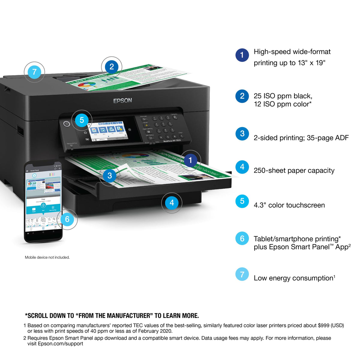Epson Workforce Pro WF-7820 Wireless All-in-One Wide-Format Printer with Auto 2-Sided Print 13" x 19", Copy, Scan & Fax, 50-Page ADF, 250-sheet Paper Capacity, Works with Alexa, Large Black Epson