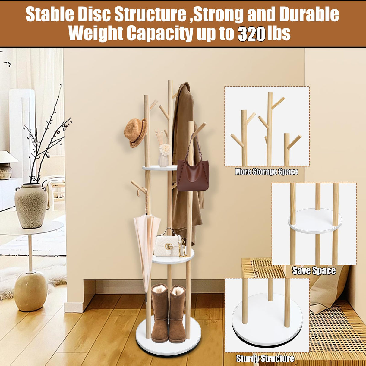 LIWSHWZ Solid Wood Coat Rack,Rotary Coat Rack Freestanding with 3 Shelves and 9 Hooks,Sturdy and Easy to Assemble Coat Tree for Entryway, Bedroom, Coats, Bags(Natural) LIWSHWZ