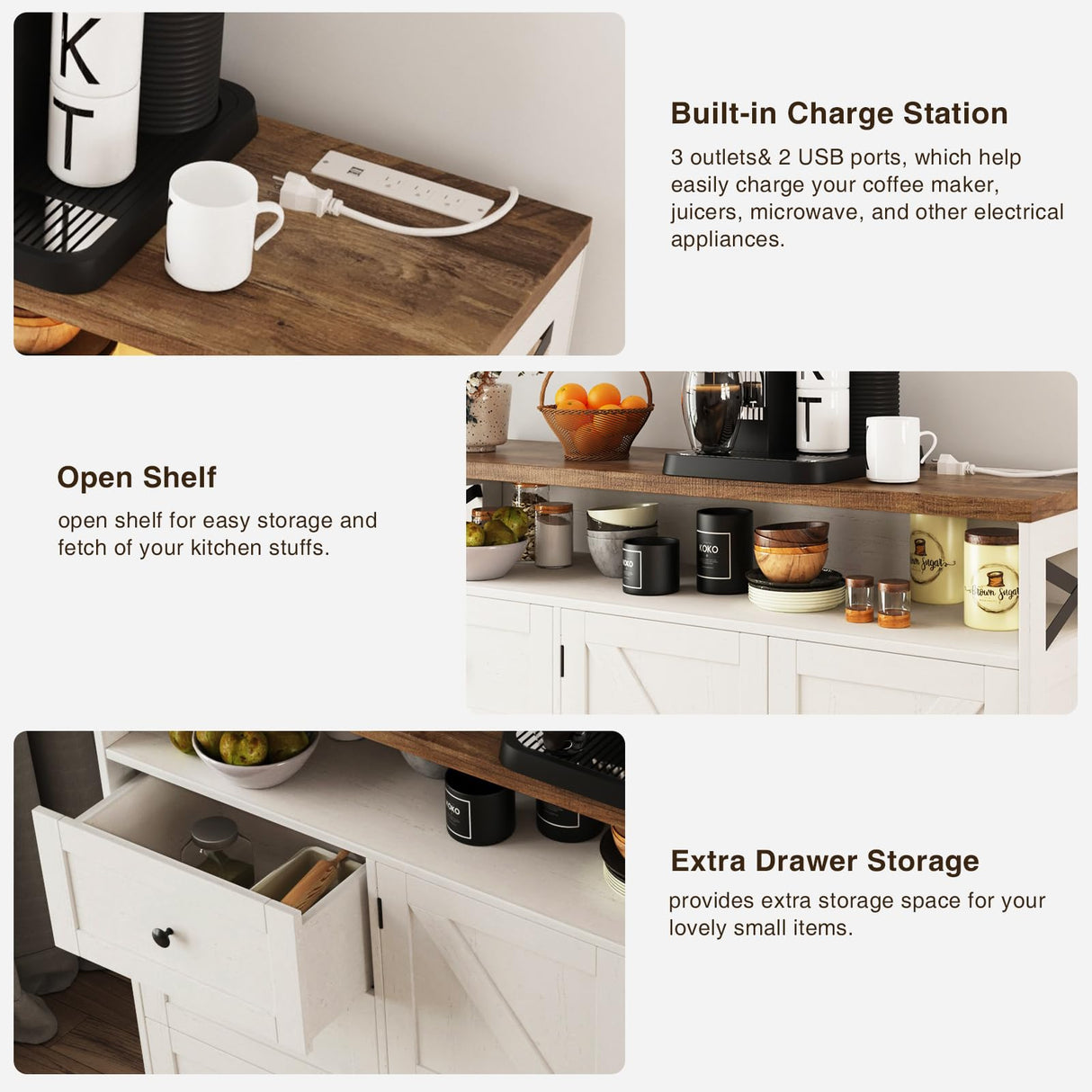 Befrases Farmhouse Buffet Cabinet with Drawers & Open Shelf, Sideboard with Storage, Kitchen Pantry Cabinet Hutch, Coffee Bar Station for Kitchen, Dining Room, Living Room, 47" L White Befrases