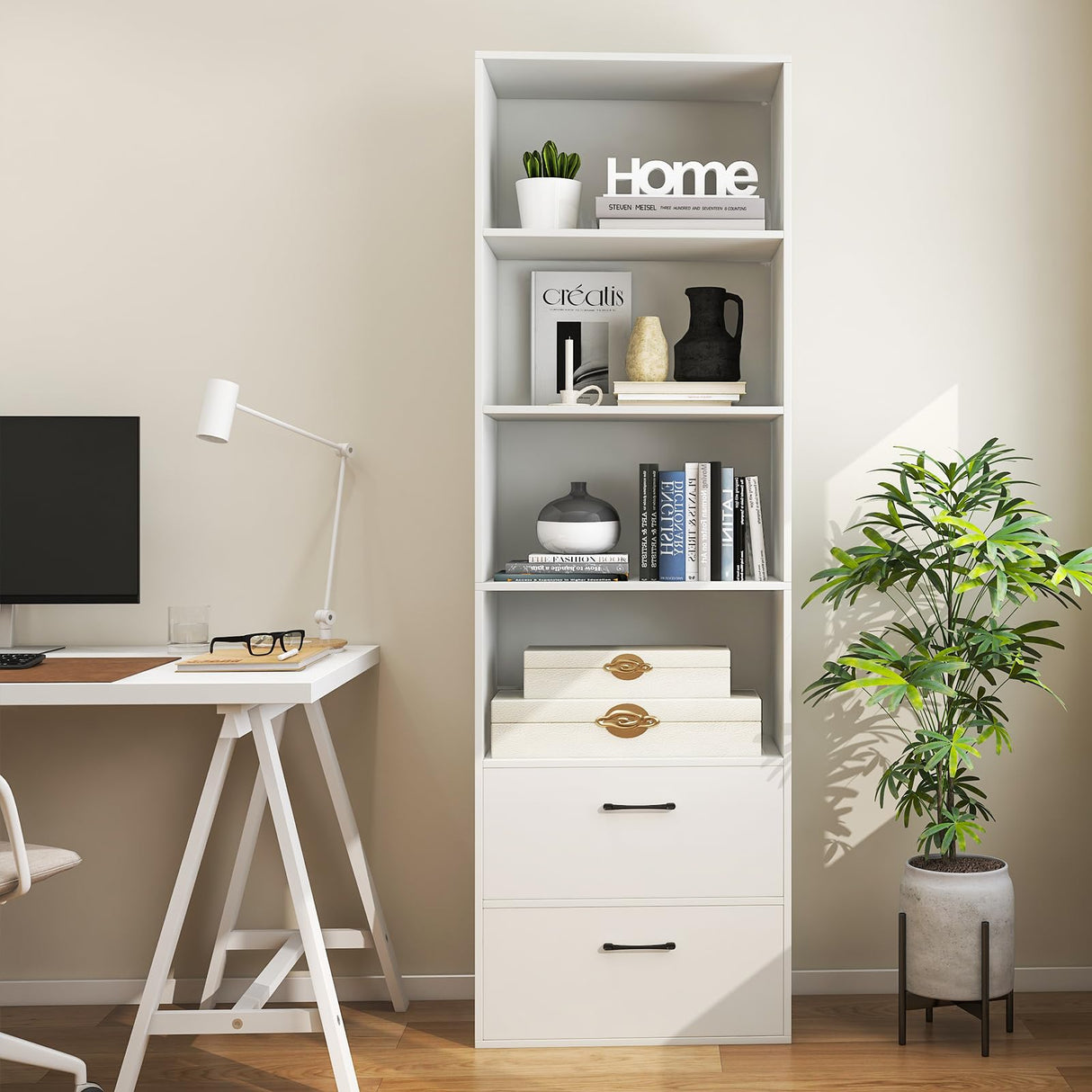 IFANNY 4 Shelf Bookcase with Drawers, Tall Bookshelves and Bookcases, Vertical Bookshelf Tower, Wood Storage Shelves, Modern Book Shelf for Bedroom, Living Room, Home Office (White, 74''H) IFANNY