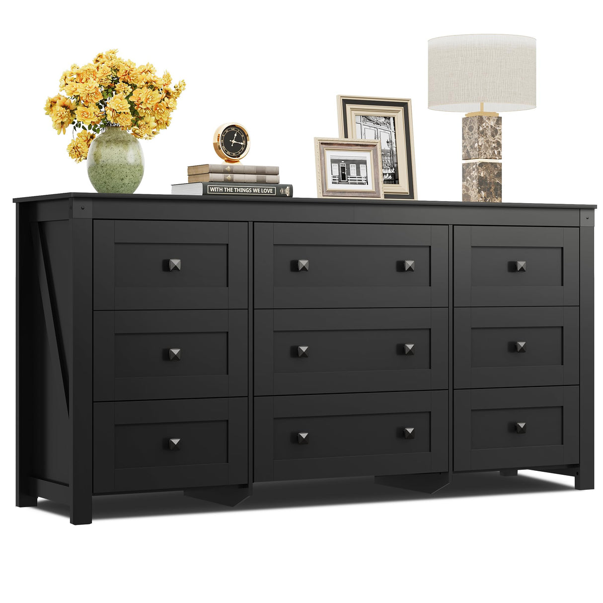 WLIVE Farmhouse 9 Drawer Dresser, 63" Wide Dresser Storage Organizer, Wood Dresser for Bedroom,TV Stand for 70 inch TV, Chest of Drawers for Living Room, Hallway, Ball Bearing Slide (Black) WLIVE