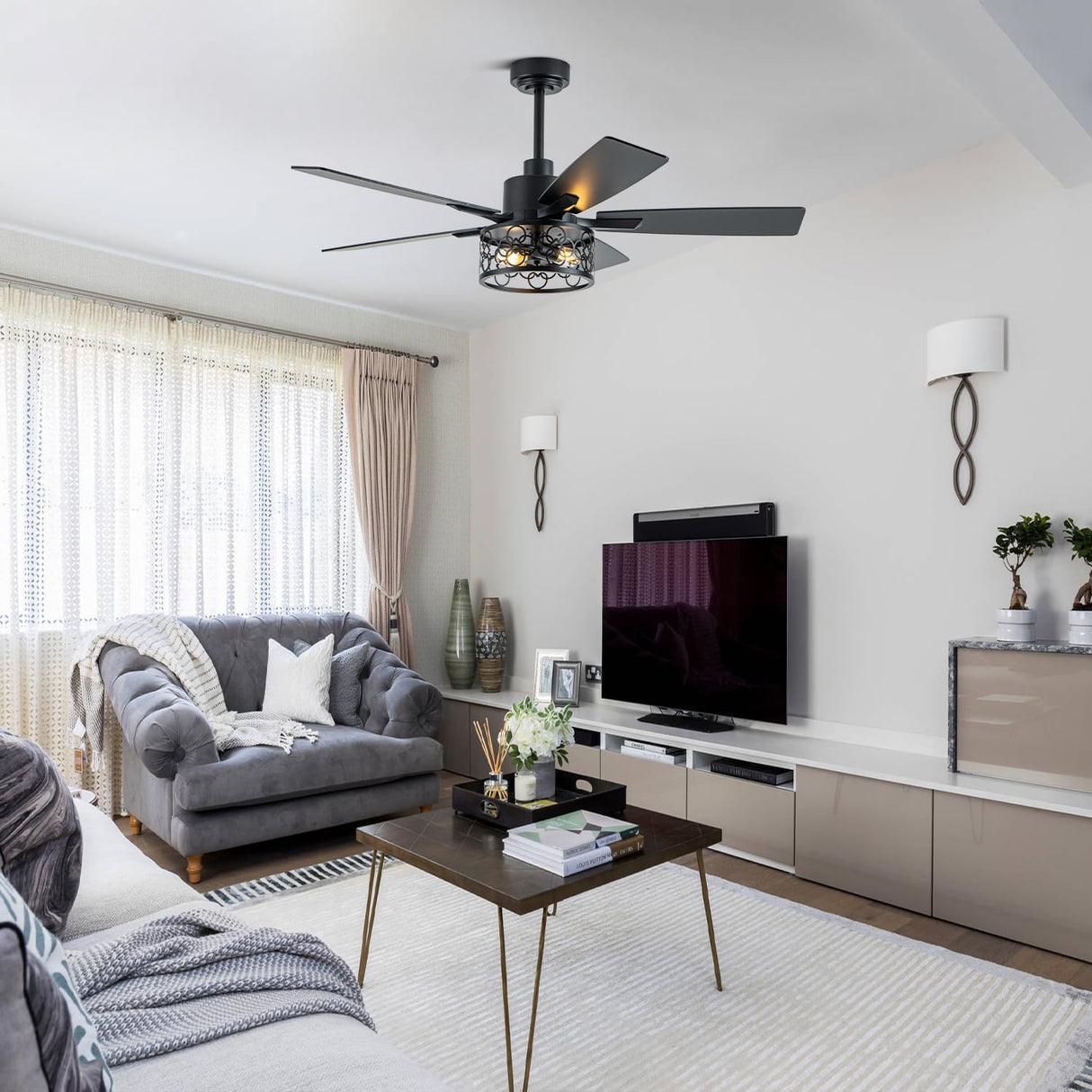 Curve Curio 52 Inch Farmhouse Ceiling Fan with Light Industrial Ceiling Fan Rustic Caged Chandelier Fan for Living Room Bedroom Patio (Black, 52 inch) Curve Curio