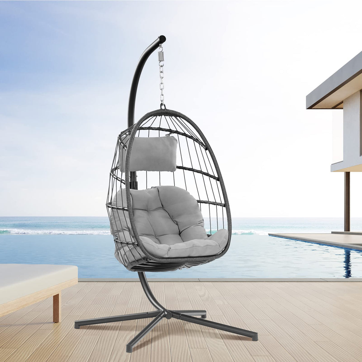 Egg Swing Chair with Stand Hanging Egg Chair Outdoor - Rattan Wicker Patio Hanging Basket Chair Hammock Chair with Aluminum Steel Frame and UV Resistant Cushion for Indoor Bedroom Balcony (Grey) XIAO WEI