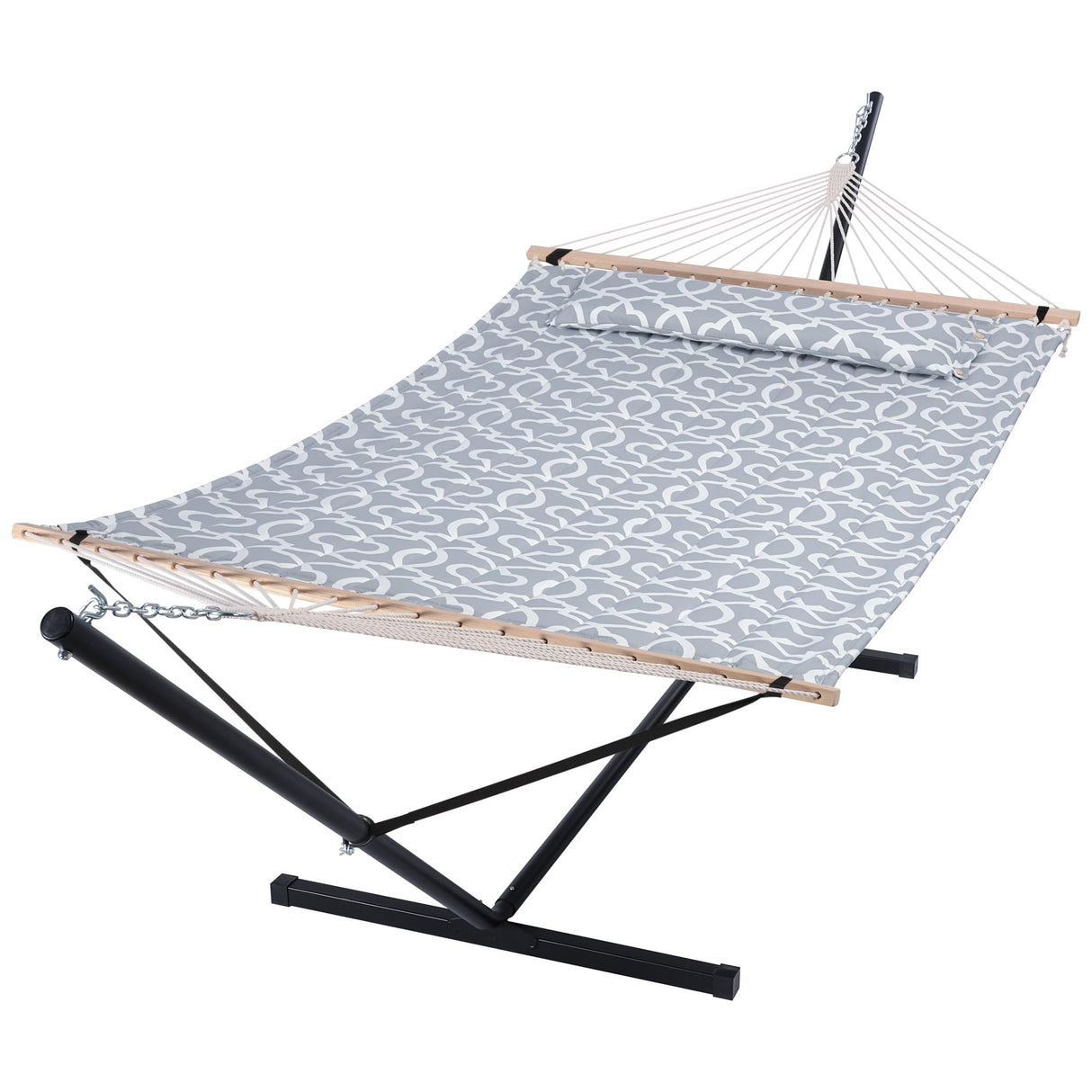 SUNCREAT 55 Inch Extra Large Double Hammock with Stand, 475lbs Capacity, Outdoor Portable Hammock with Hardwood Spreader Bar, Extra Large Pillow, Grey SUNCREAT