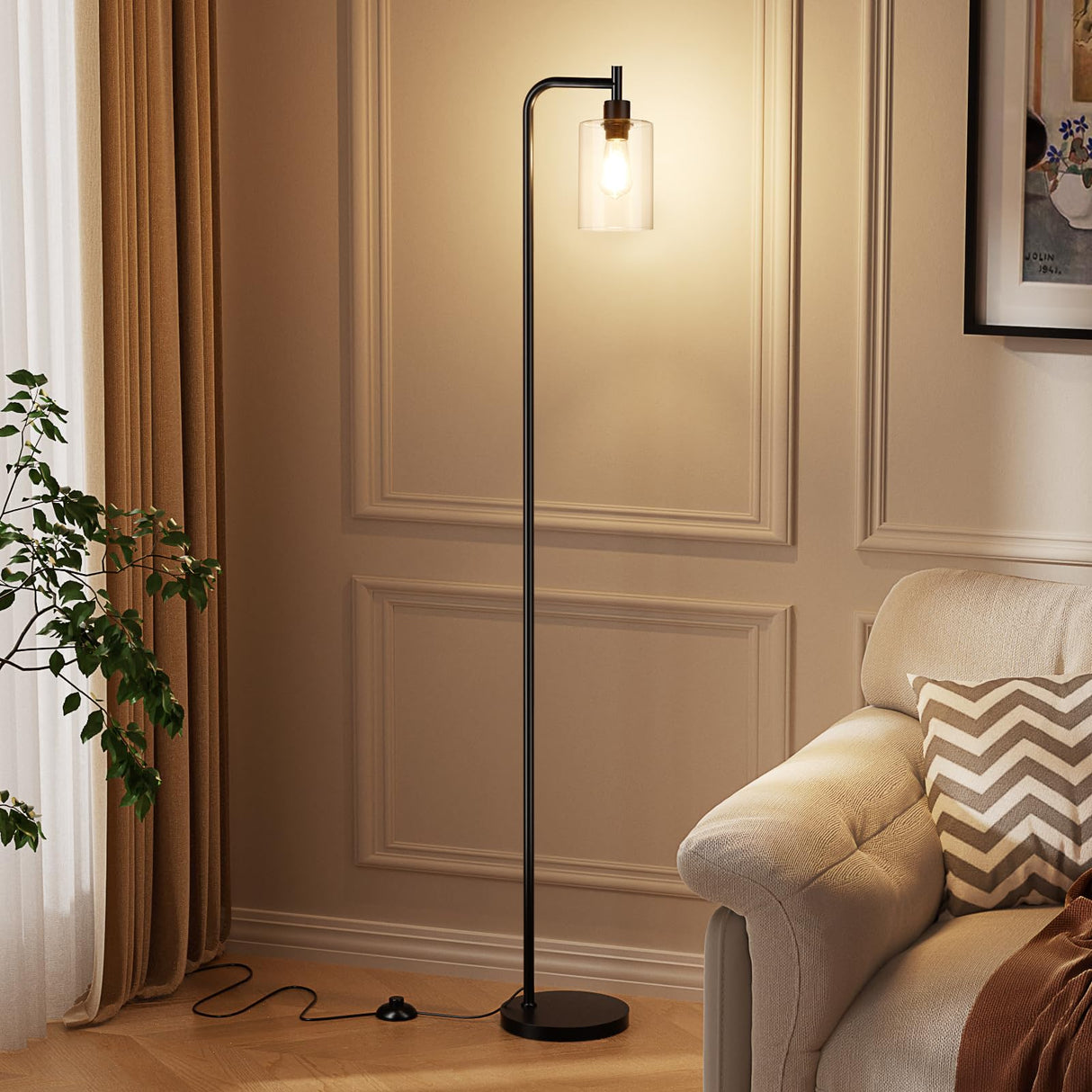 Ziisee Industrial Floor Lamp with Glass Shade - Black, LED Bulbs, Foot Pedal Switch, Easy Assembly Ziisee