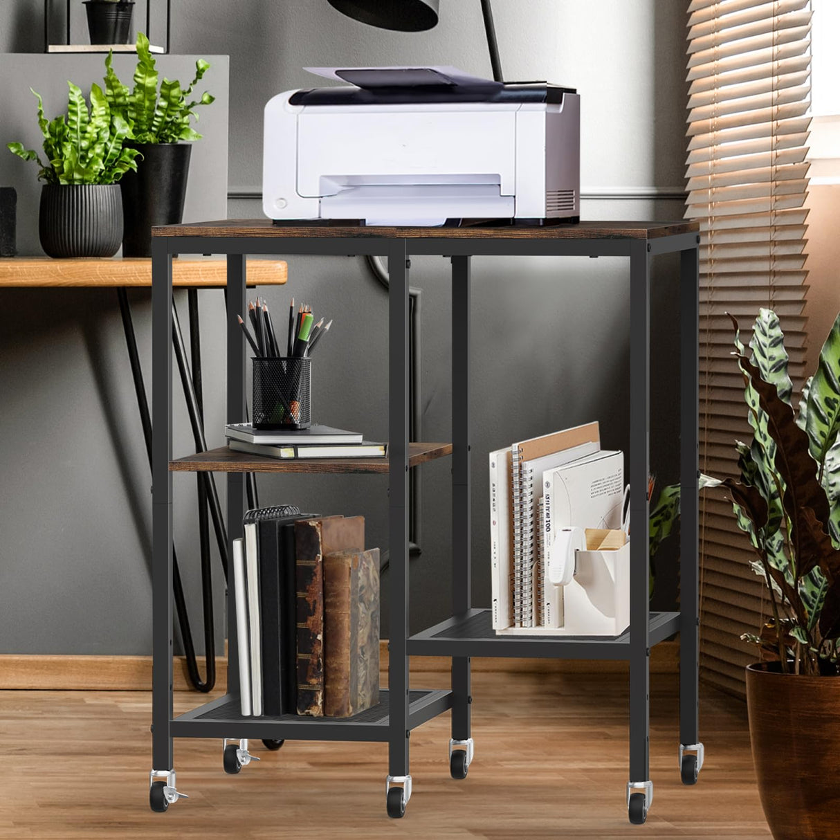 Kitchen Microwave Cart with Wheels,Coffee Bar Table Station,4-Tier Rolling Baker's Oven Rack,Small Appliance Storage Shelf,Utility Trolley Side Table for Kitchen,Office, Living Room (Rustic Brown) OGEMXU