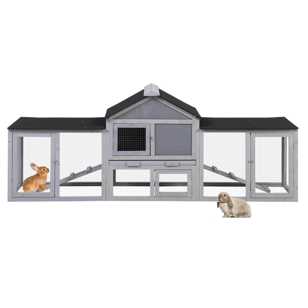 82.5” Large Wooden Rabbit Hutch Outdoor Easy to Assemble Rabbit Cage and Durable Bunny Hutch Indoor with Cleaning Tray & Waterproof Roof for Small and Medium Bunny Rabbit Chick (Grey) Nyeekoy