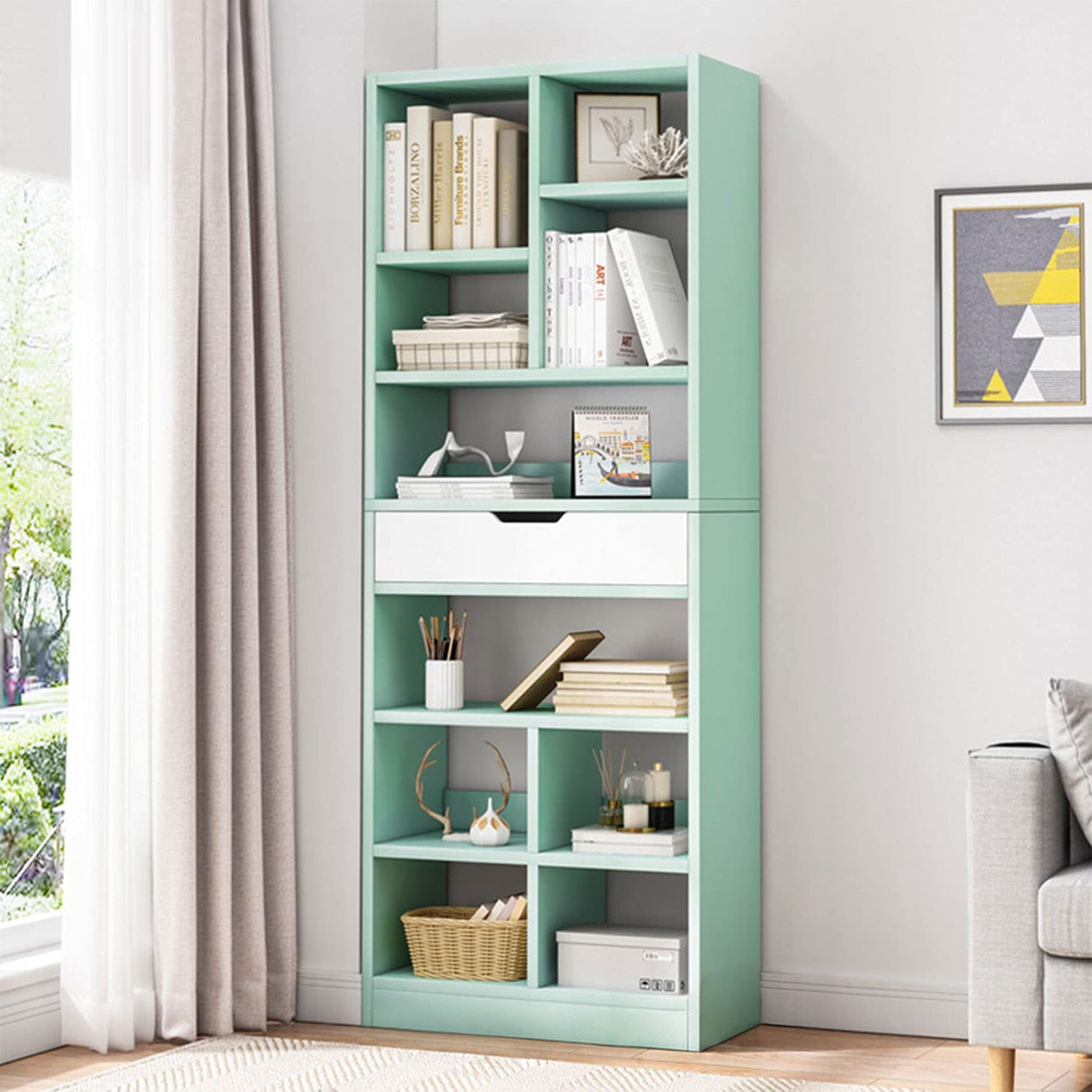 IOTXY Wooden Open Shelf Bookcase - 71 Inches Tall Freestanding Display Storage Cabinet Organizer with 10 Cubes and a Drawer, Floor Standing Bookshelf in Tiffany-Green IOTXY