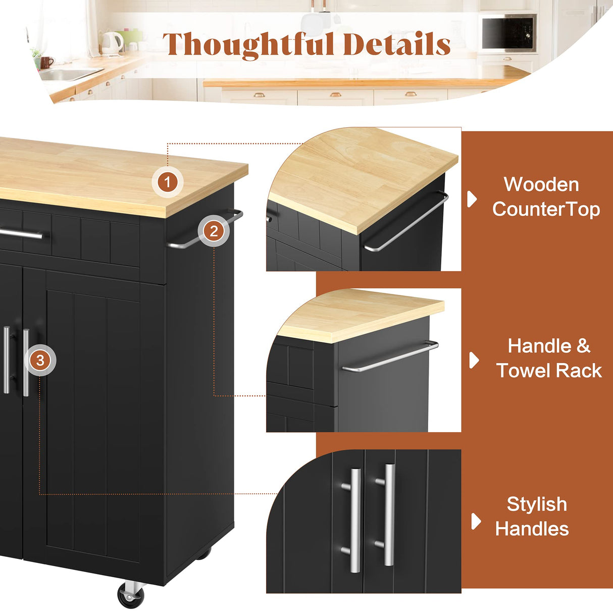 SUNLEI Kitchen Island on Wheels with Storage Cabinet & Drawer, 26" Width Rolling Kitchen Table, Cart Handle for Towel Rack or Free Mobility, Portable Islands for Kitchen, Dining Room(Black) SUNLEI