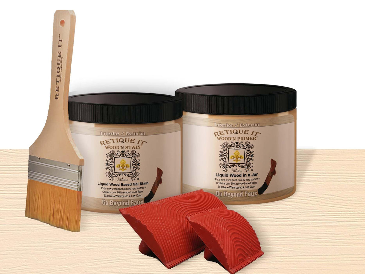 Wood Finish Muli-Purpose Kit – GO Beyond Faux Wood with Paintable Liquid Wood Based Primer and Gel Stain - Graining Tools Included (32oz, Pickled Oak) Retique It