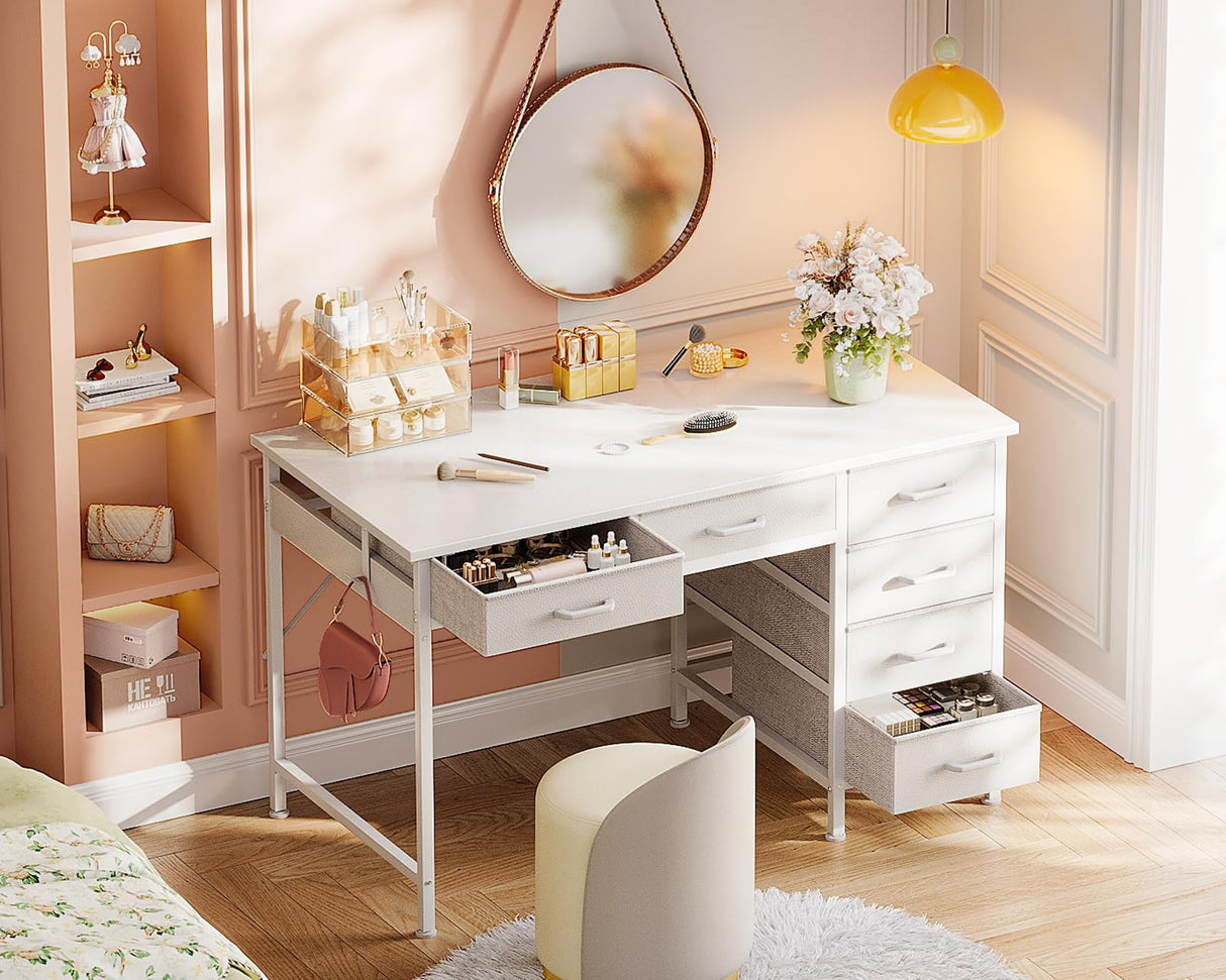 ODK Computer Desk with 6 Drawers, 40 Inch Small Desk with Storage, Reversible Desk with Headphone Hook for Home Office, Work Study Table for Bedroom, White ODK