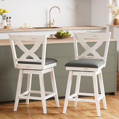 Swivel Bar Stools Set of 2, Swivel Barstools with Solid Footrest & Faux Leather Upholstered Seat, Island Chairs with Back for Kitchen, Dining Room (Antique White) (24-inch)