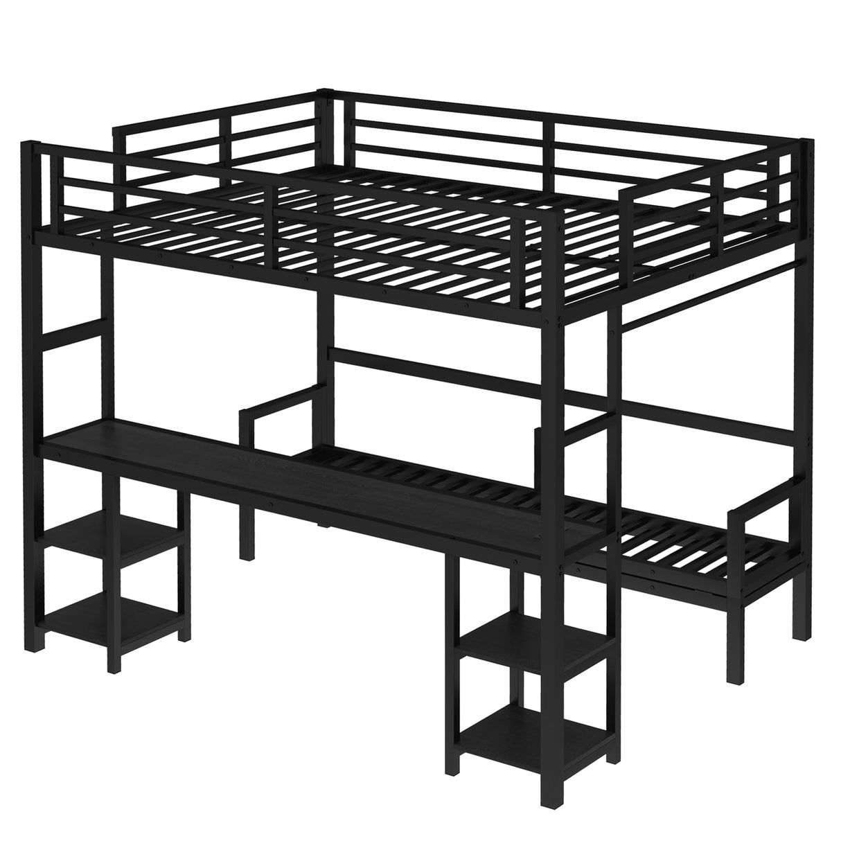 Ball & Cast Bunk Bed Queen Over Twin XL with Desk and USB Port, Metal Bunk Bed with Led Lights & Storage Shelves, Queen Size Loft Bed for Teen,Safety Guardrail and Ladder,No Box Spring Needed,Black Ball & Cast