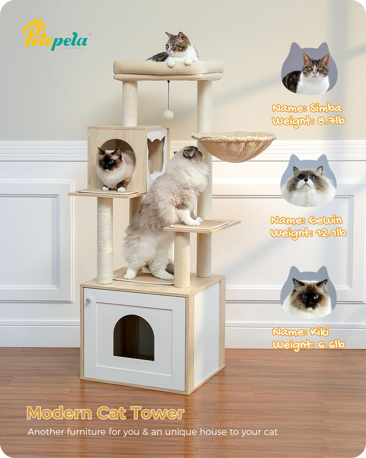 PETEPELA 56.7" Cat Tree with Litter Box Enclosure Large, Wood Cat Tower for Indoor Cats with Storage Cabinet and Cozy Cat Condo, Sisal Covered Scratching Post and Repalcable Dangling Balls, Beige PETEPELA