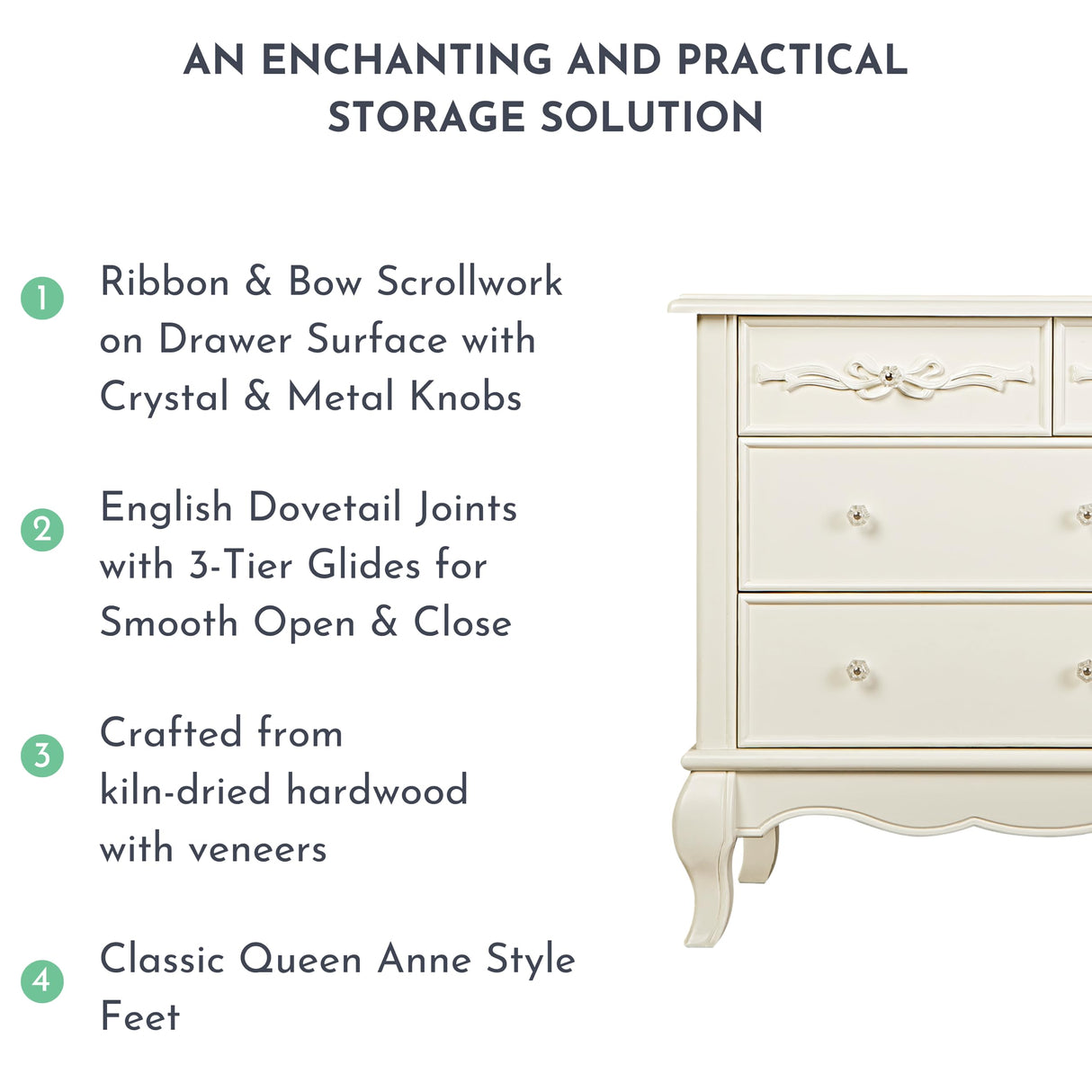 Evolur Aurora 7 Drawer Double Dresser in Ivory Lace, Fitted with 7 deep and Roomy Drawers with Five-Piece Drawer Box Construction, Comes Assembled Evolur