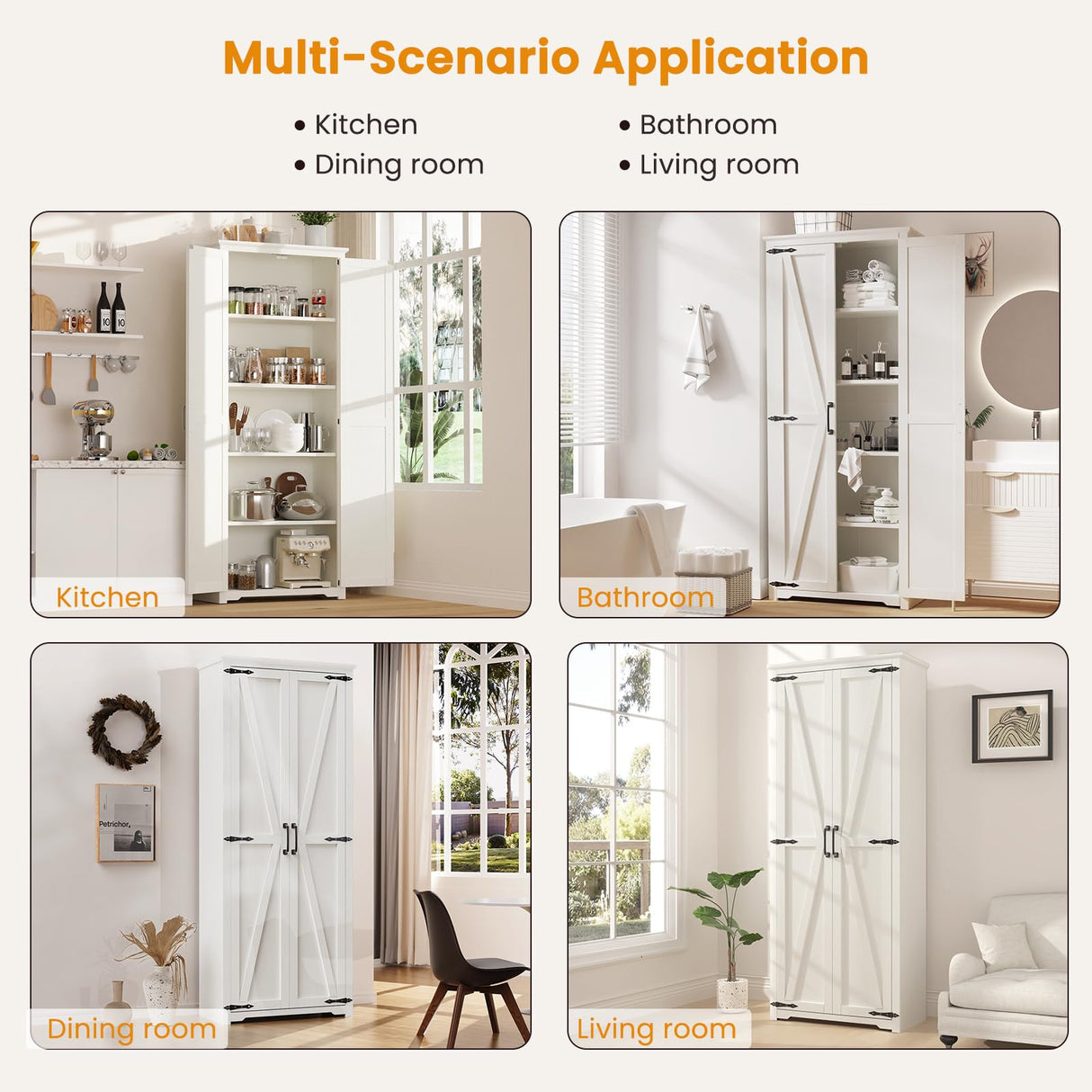 Teekyooly 70" Tall Kitchen Pantry, Farmhouse Storage Cabinet with 2 Barn Doors and 5 Adjustable Shelves, Rustic Wood Cupboard for Kitchen, Dining Room, Bathroom, Off White Teekyooly