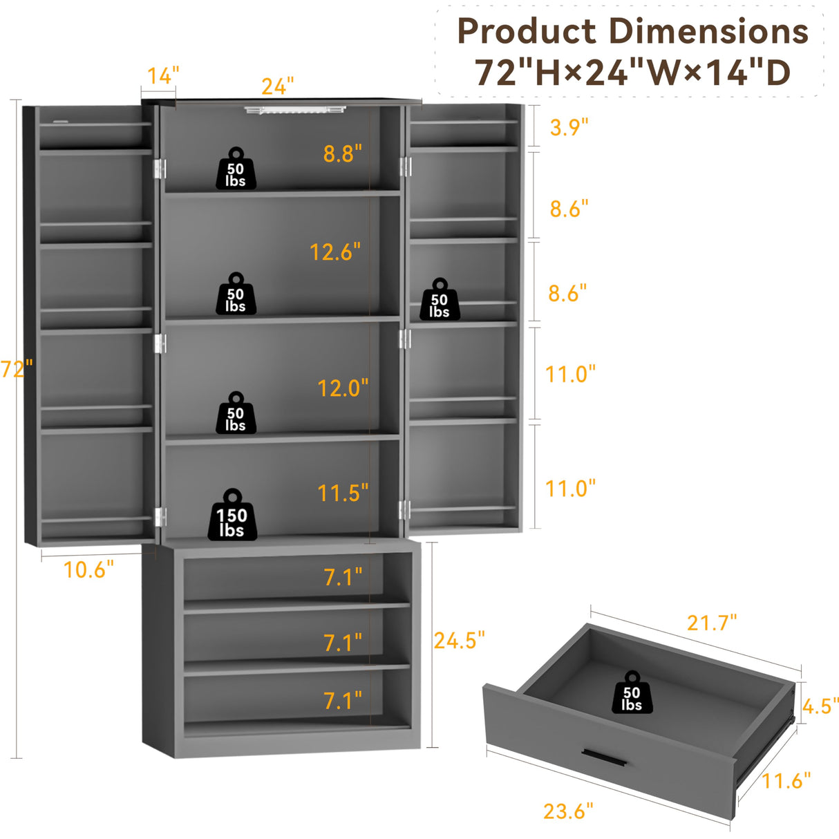 FJTJBSI 72" LED Kitchen Pantry Cabinet with 3 Drawers Farmhouse Tall Storage Cabinet Wood Food Pantry with Barn Doors and Adjustable Shelves Versatile Storage Freestanding Cupboard for Kitchen FJTJBSI