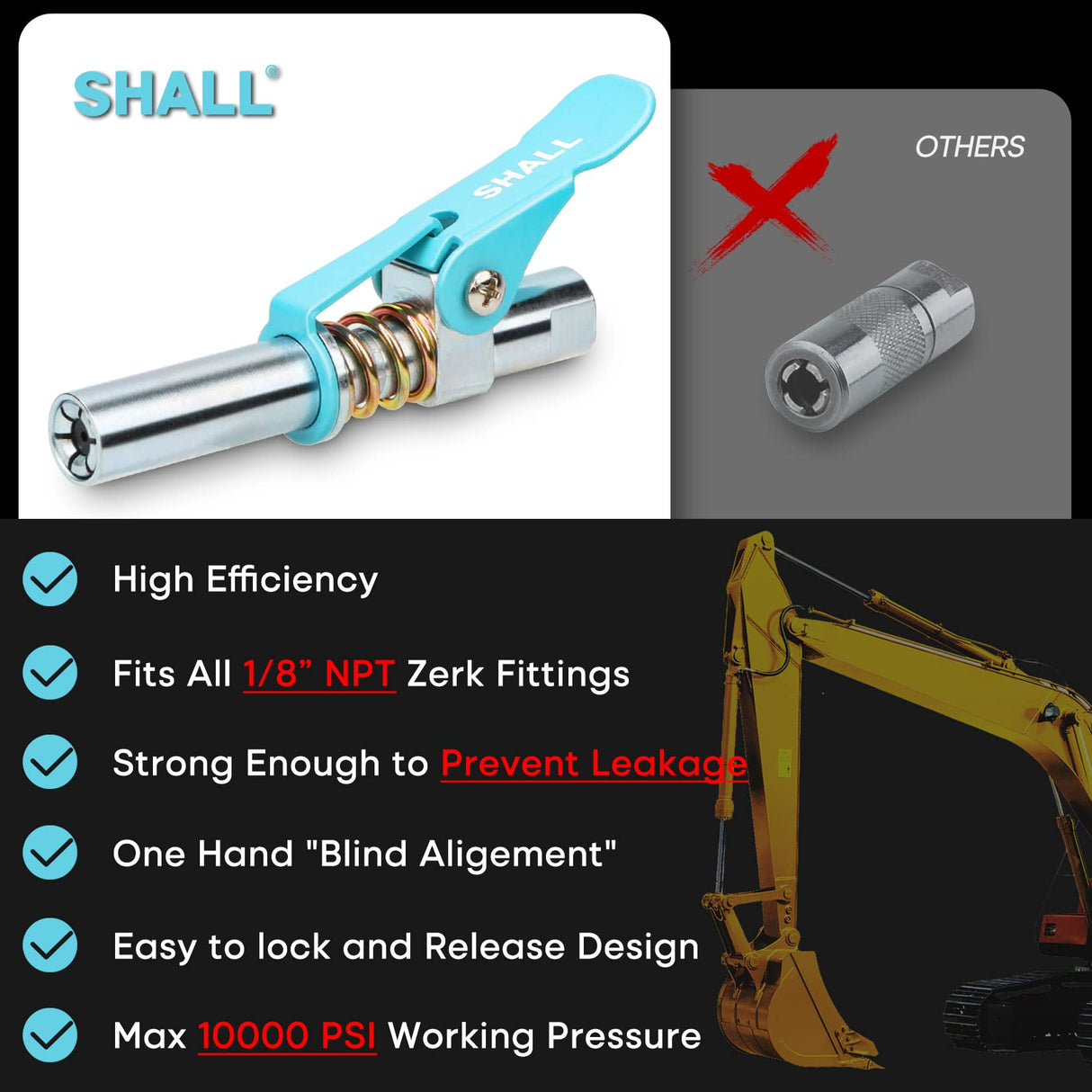 SHALL Grease Gun Coupler, Quick Release & Strong Locking Grease Gun Couplers w/Zerk Fittings Cleaner, 10000 PSI High Pressure Grease Gun Tips, Compatible with All Grease Guns 1/8" NPT Grease Fittings SHALL