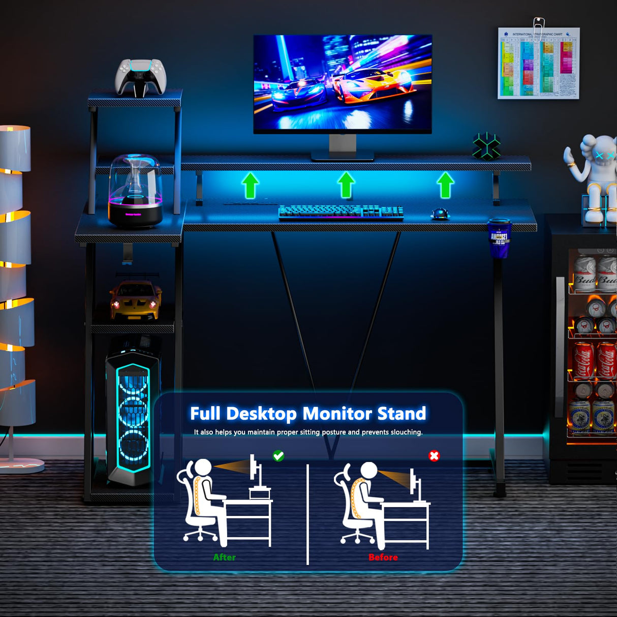 Korfile Reversible Corner Gaming Desk with LED Lights & Power Outlet, L Shaped Computer Desk with Extra Storage Shelves, Gamer Workstations with Monitor Stand for Bedroom, 47 Inch, Carbon Fiber Black Korfile