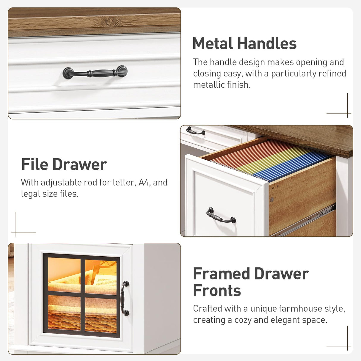 RALGEND 58" Farmhouse Executive Desk with Drawers, Wooden Home Office Desk with Power Outlet & LED Light, Computer Desk with File Drawer and Cabinet, Workspace for Study, White and Walnut RALGEND