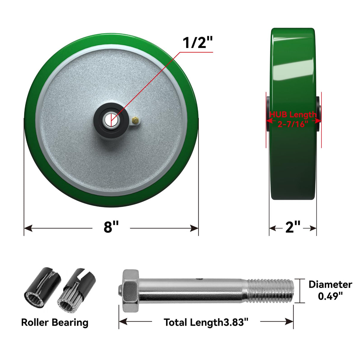 LONGRUNFORU 8" x 2" Industrial Casters, Polyurethane on Aluminum Wheel, Roller Bearing-1/2" Bore, Heavy Duty Casters- with up to 1400LB Capacity(1 Pack) LONGRUNFORU