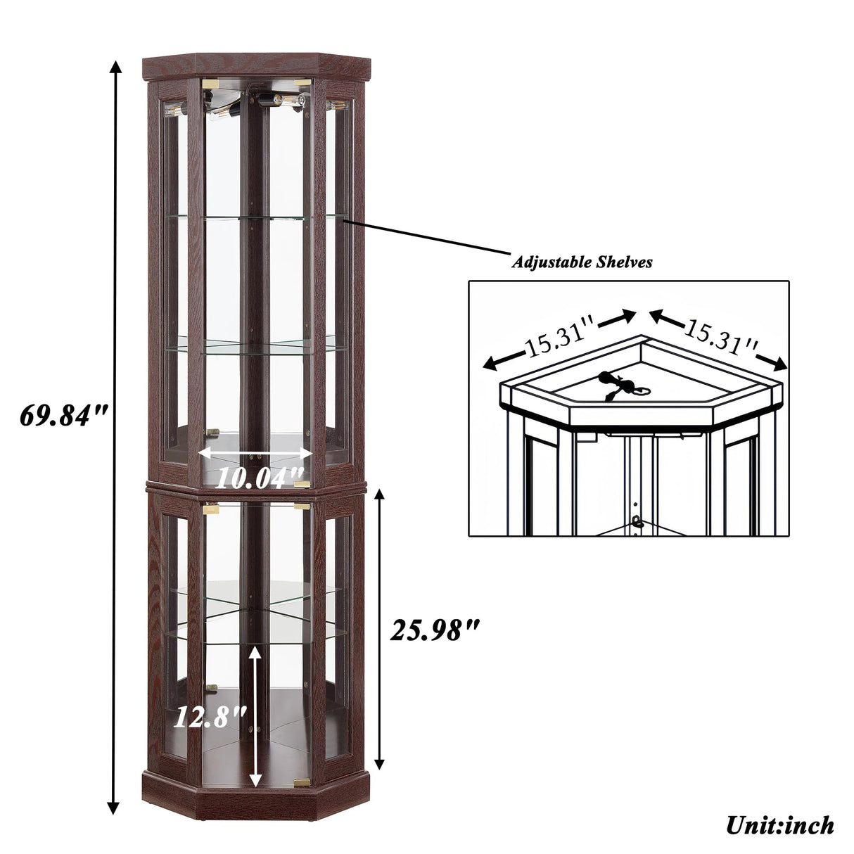 XZTUAJ Corner Curio Cabinet Display Case with Light, 69" H Glass Display Cabinet, Display Showcase Case Storage with Tempered Glass Door & Adjustable Glass Shelves for Living Room (Dark Cherry) XZTUAJ
