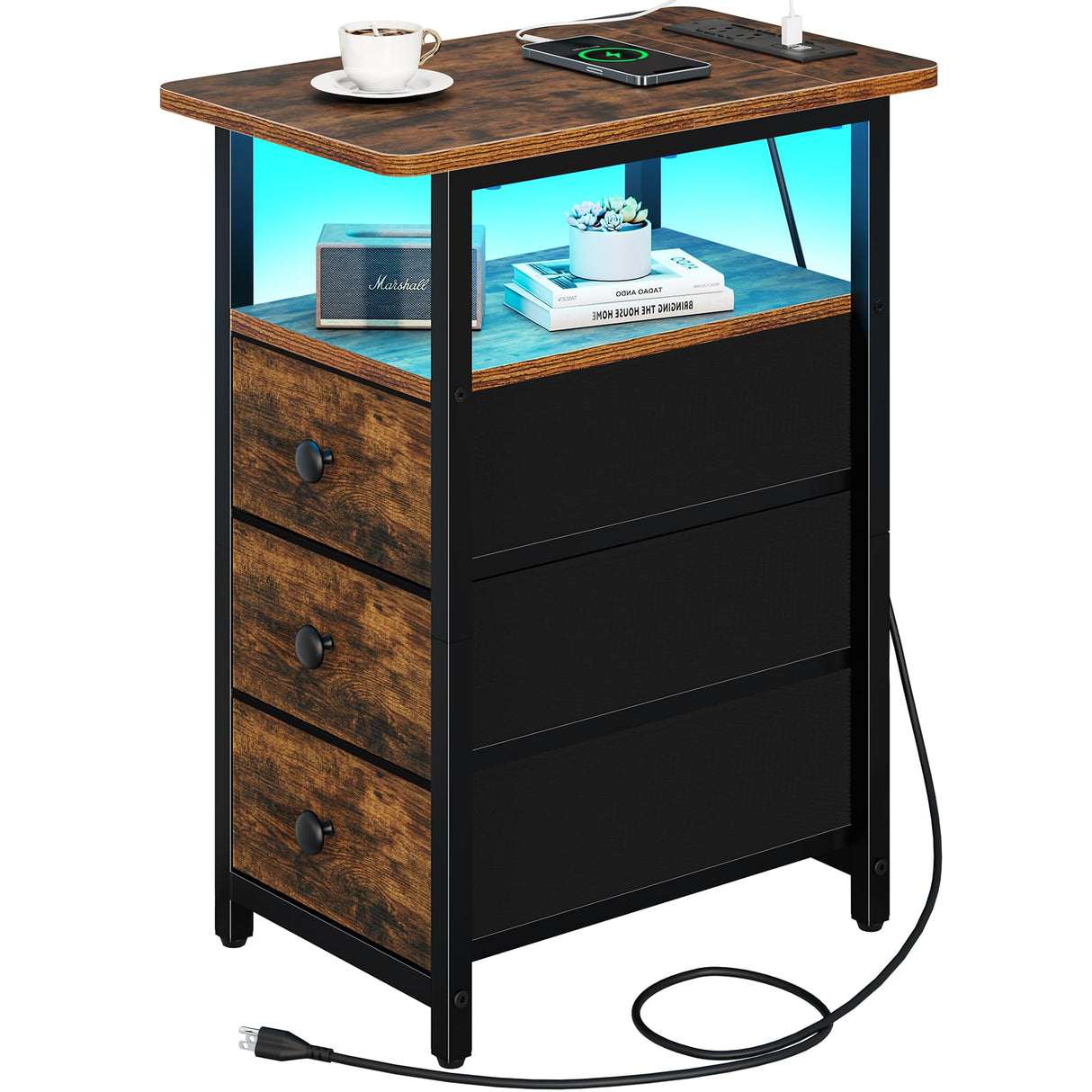 Yoobure End Table with Charging Station, LED Narrow Side Table Bedside Table, Small Night Stand End Tables Living Room, Skinny Nightstand with 3 Fabric Drawers, Side Tables Bedroom for Small Spaces Yoobure