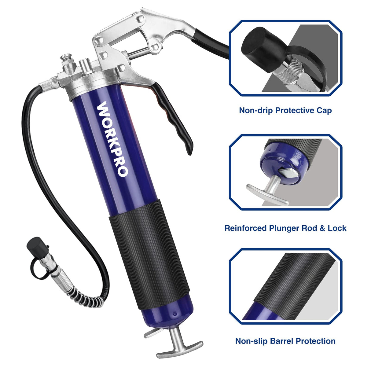 WORKPRO Grease Gun Kit, 6000PSI Heavy Duty Grease Gun with 18inch Flexible Hose, 2 Fixed Tubes and 3 Nozzles, 14oz Load WORKPRO