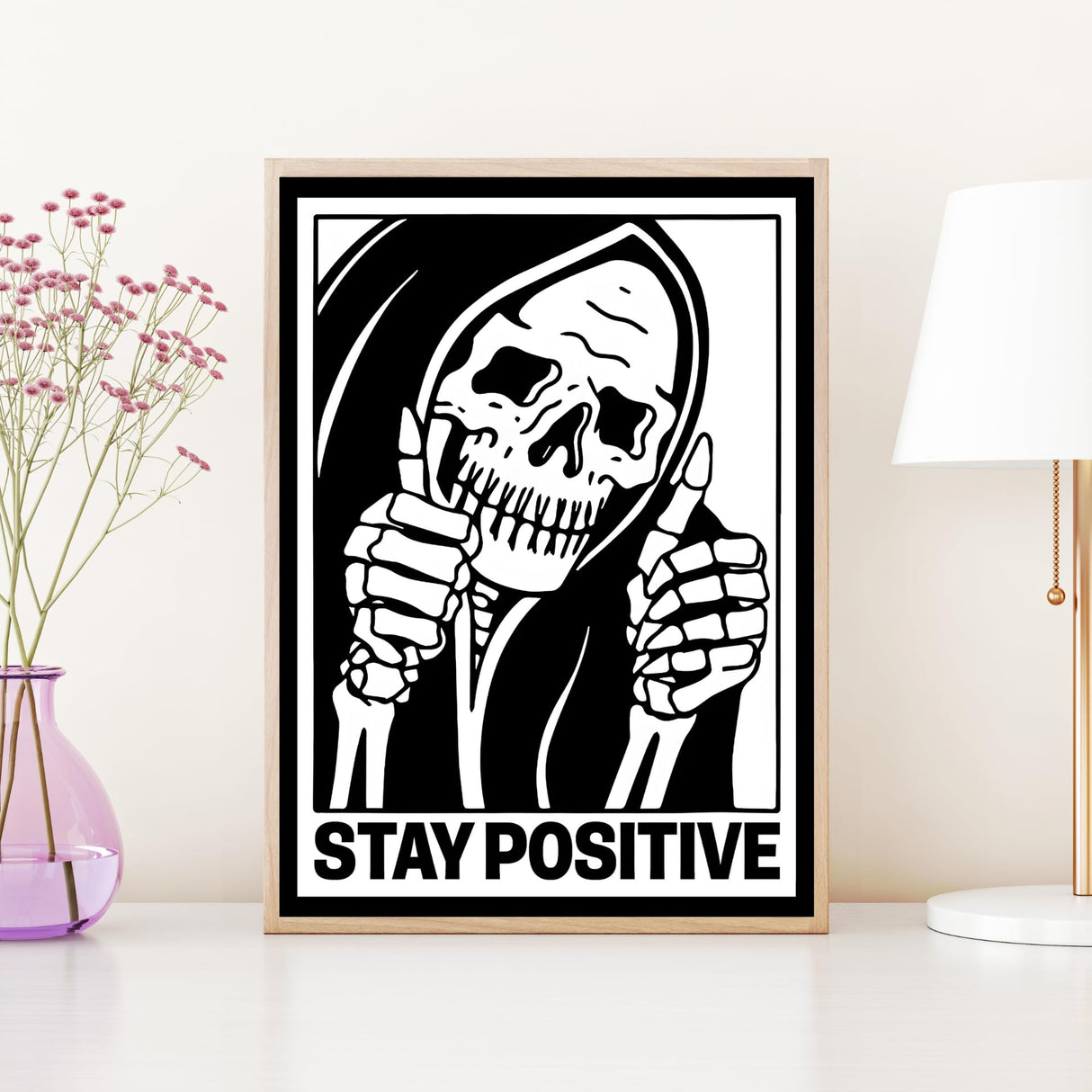 Modern Merch 'Stay Positive' Halloween Diamond Art Kits for Adults Scary Skeleton Diamond Painting Kits for Adults, Motivational Quote Cross Stitch Gem Art, Round Drill 12x16 DIY Black and White Art Modern Merch