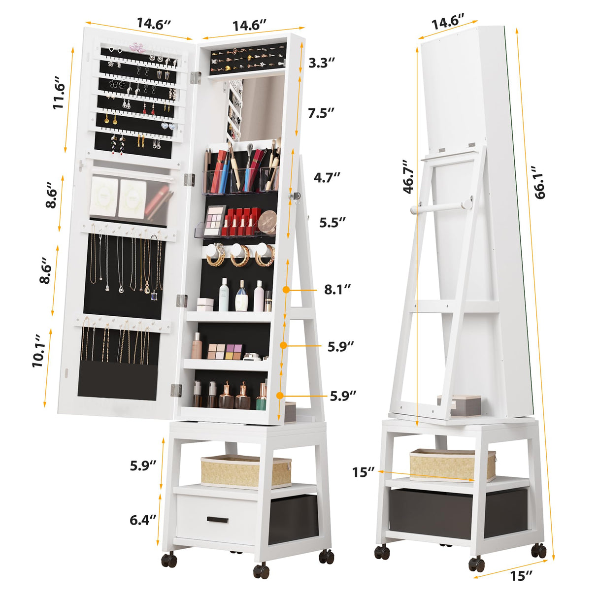 Alkmaar 360° Swivel Jewelry Armoire, Floor Standing Locking with Full Length Mirror,Bottom Drawer, Shelf, Wheels,White Cabinet with Large Storage Capacity (White push-pull) Alkmaar