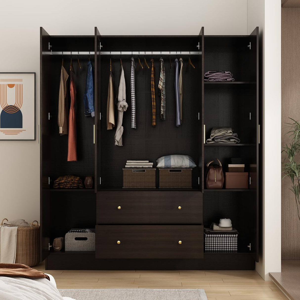 FUNSIR 4 Doors Bedroom Wardrobe, Wood Armoire with Mirror, 2 Clothes Hanging Rails, 5 Storage Shelves and 2 Drawers, 63" Wide Bedroom Storage Unit Clothes Organizer, Dark Brown(70.9" H) FUNISIR