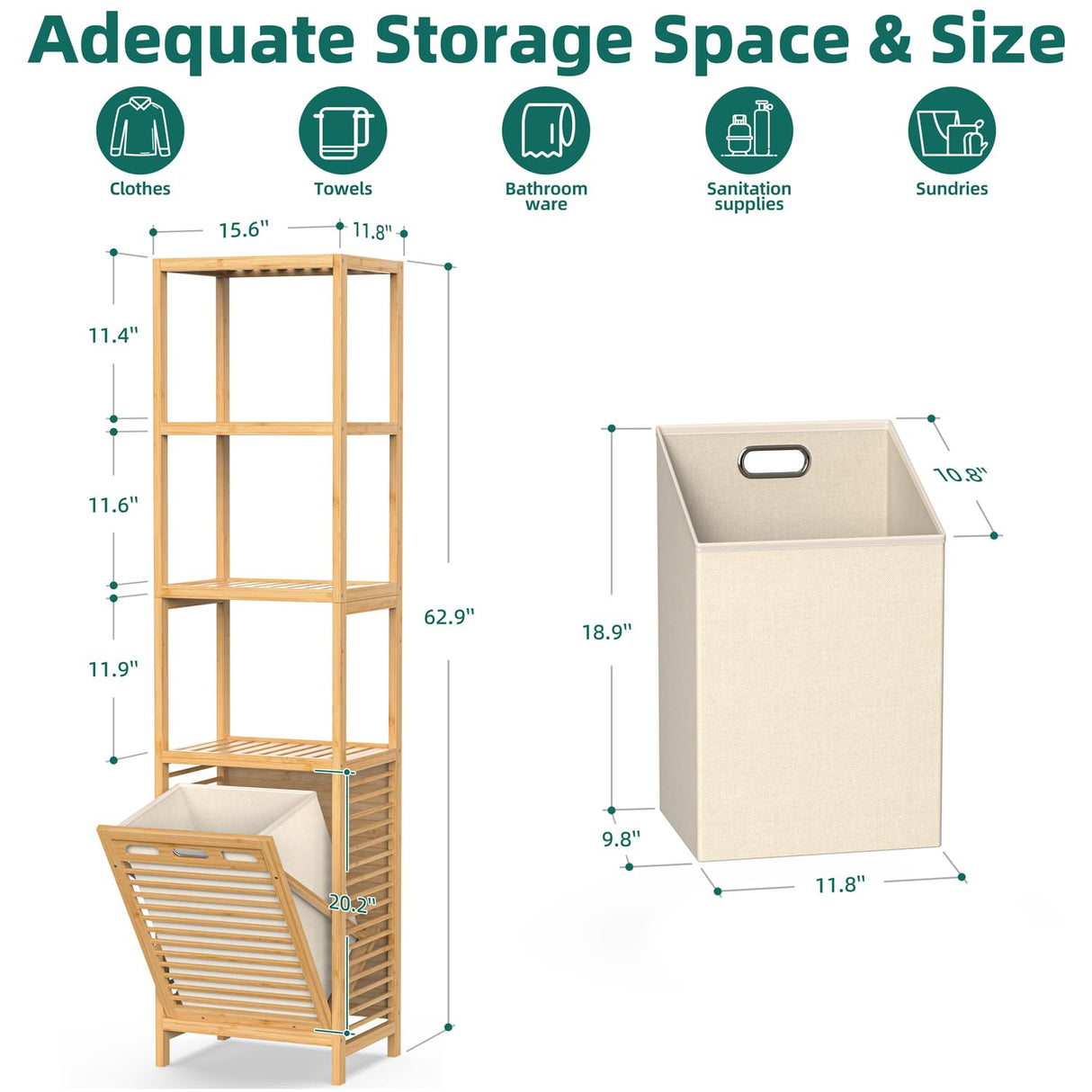 BAMBOOHOMIE Bamboo Tilt Out Laundry Hamper, 4-Tier Tilt Out Hamper for Laundry with Shelf & Removable Clothes Basket - Can Convert to 2-Tier Pull-Out Laundry Hamper & 2 Tier Freestanding Shelf, Beige BAMBOOHOMIE