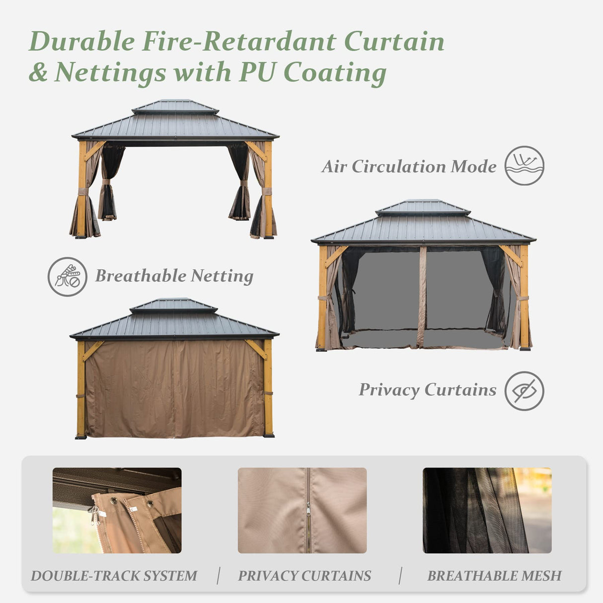 domi outdoor living 12x14 ft Wood Gazebo, Cedar Frame Hardtop Gazebo with Galvanized Steel Double Roof, Netting & Curtains, Patio Pergola Pavilion for Patio, Backyard, Deck, Lawns domi outdoor living