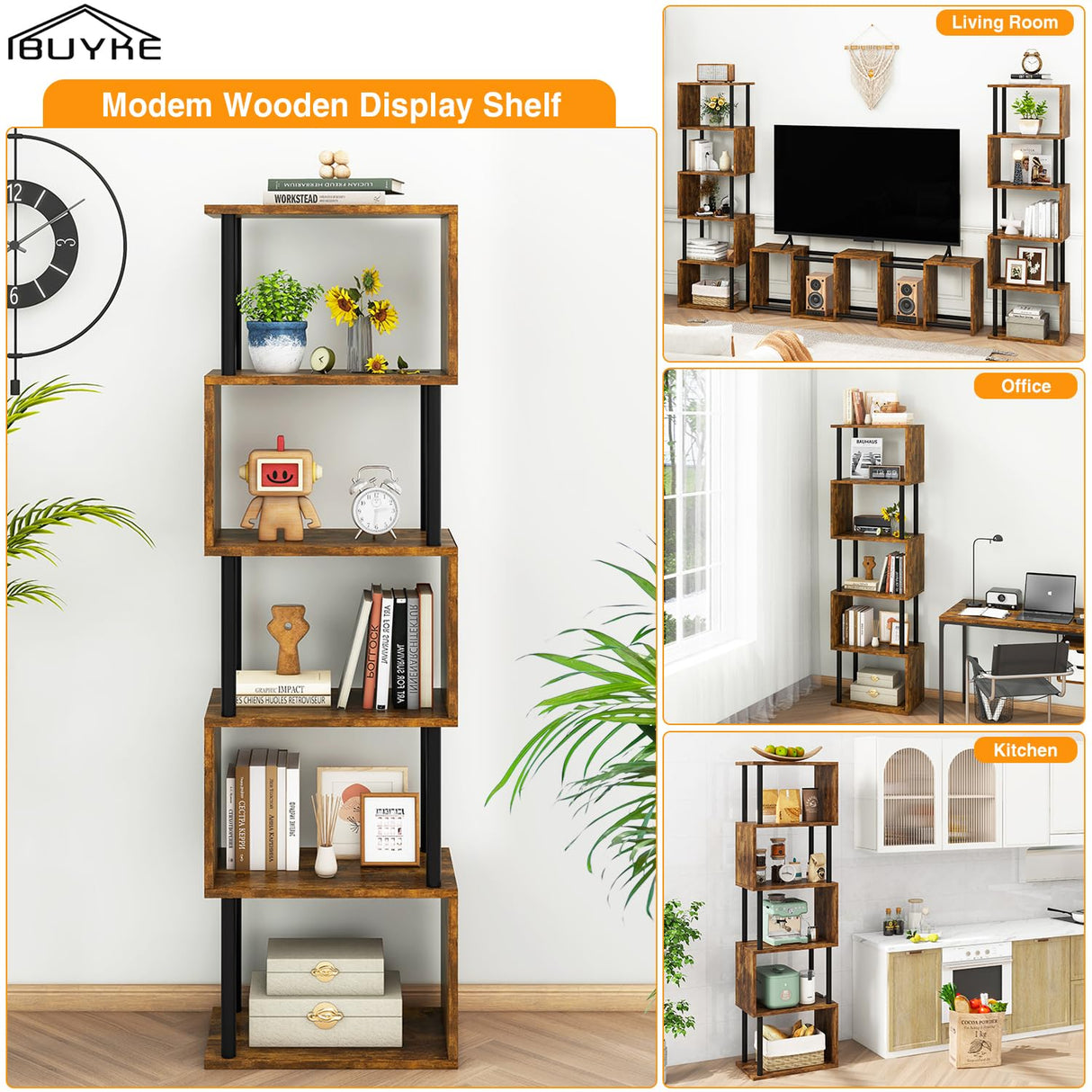 IBUYKE 6-Tier Tall Bookshelf,S-Shaped Geometric Bookcase, Wood Display Shelves with Storage,Industrial Bookshelf for Living Room Bedroom, Home Office, Rustic Brown WBC016H IBUYKE