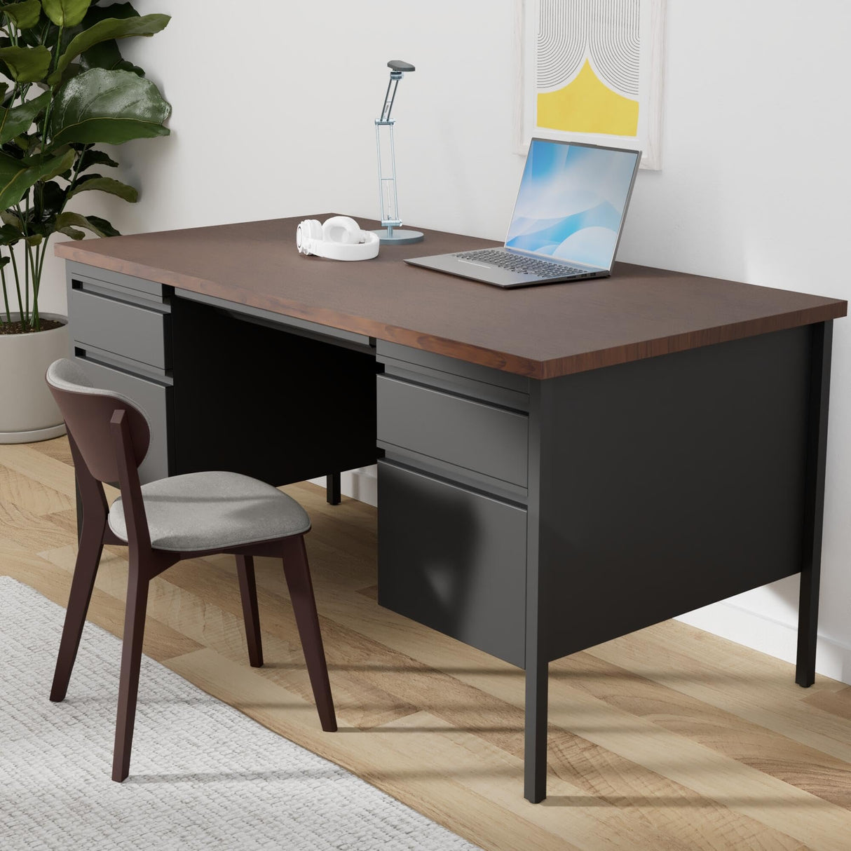 Lorell Fortress Series Double Pedestal Desk, 60" x 30" x 29.5", Black Steel Frame with Walnut Top Lorell