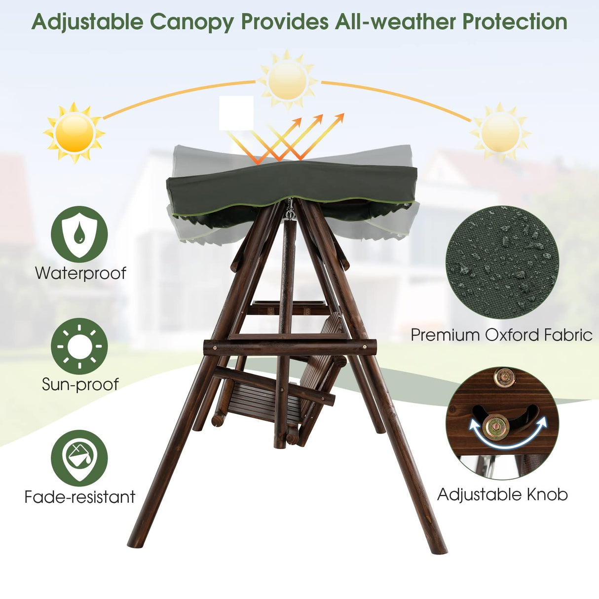 Tangkula Wooden Porch Swing, 2 Person A-Frame Outdoor Swing with Adjustable Canopy, Armrest, 2 Side Tables, Outdoor Swing with Wood Stand for Garden, Backyard, Deck, Poolside (Rustic) Tangkula