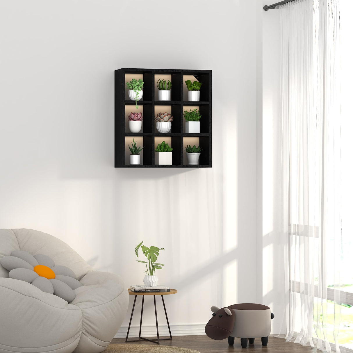 Helsin 9 Grid Vintage Coffee Mug Display Rack, 16inch Wall Mounted Wooden Curio Shadow Box Shelf, Cup Floating Shelves Display and Organizer (Black) Helsin