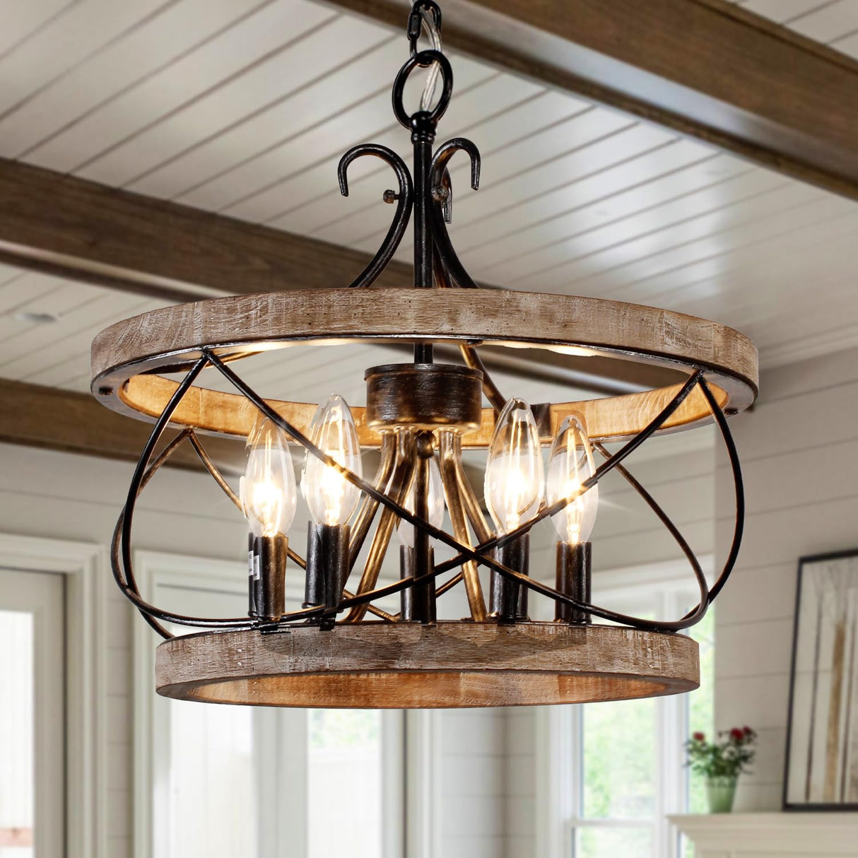 Curve Curio 20'' Farmhouse Chandelier Light Fixture, 5-Light Dining Room Light Fixtures French Country Rustic Chandelier Over Table for Entryway Foyer Bedroom Living Room Curve Curio