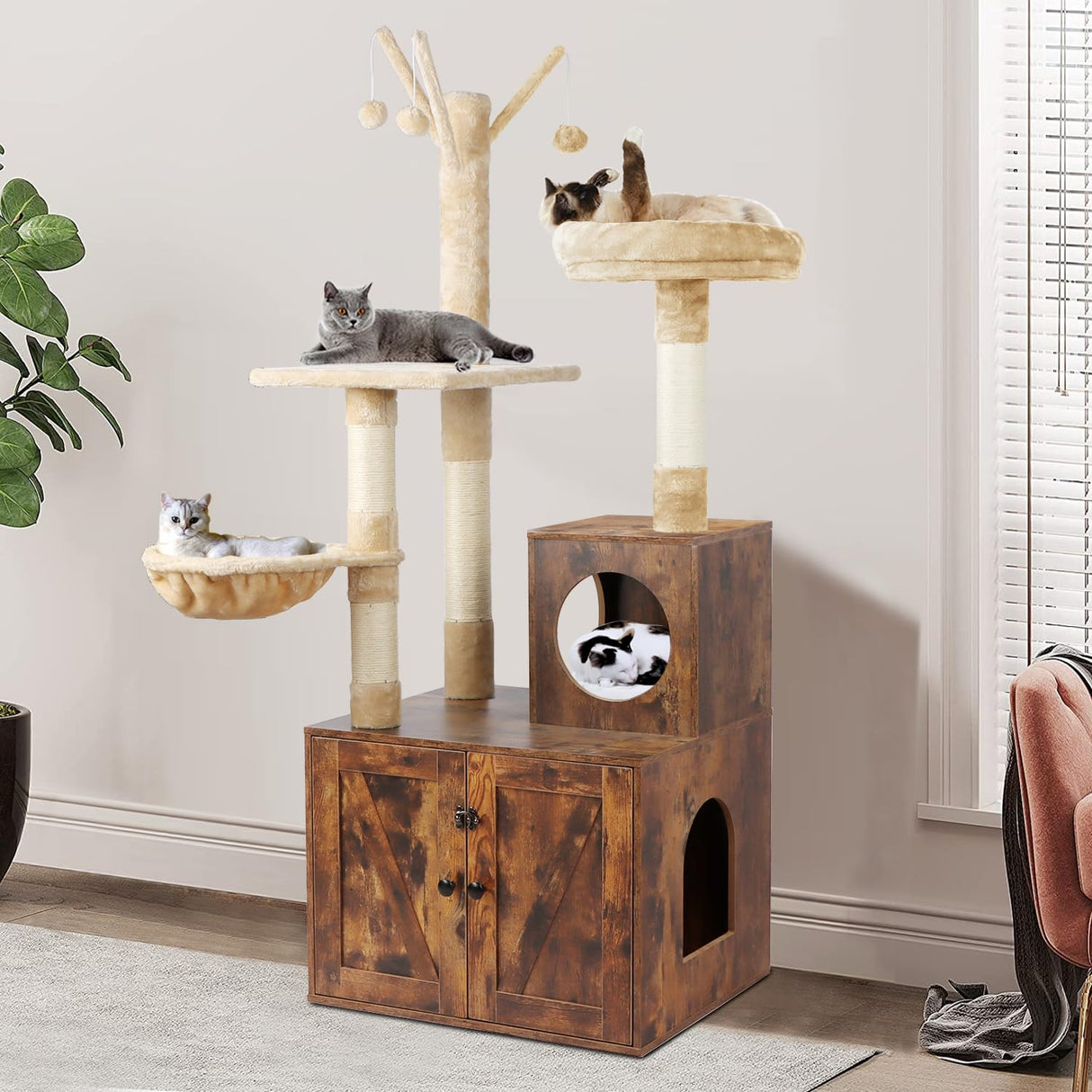 Timberer Cat Tree Tower with Litter Box Enclosure, 2-in-1 Wooden Cat Condo with Sisal Scratching Post, Hammock, Brown Timberer